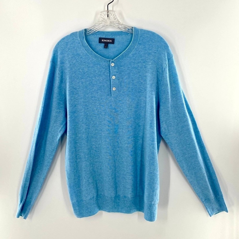 Bonobos Mens Slim‎ Fit Light Blue Knit Henley Sweater Long Sleeve Size L